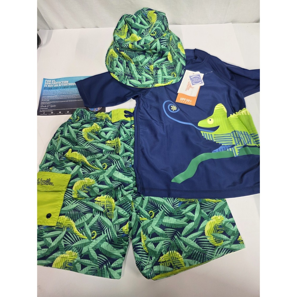 UV Skinz Boys 3 Piece Swim Set Green Chameleon Size 7 Hat Shirt Shorts UPF 50+